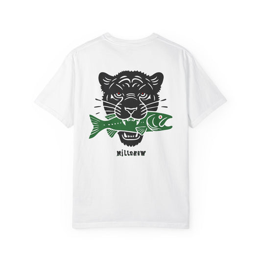 Millcrew Tee V.2: White, back view with panther and snake graphic