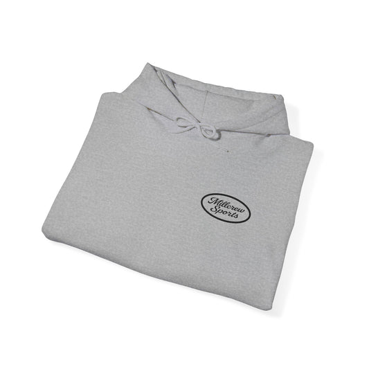 Folded gray hoodie with a logo on a white background