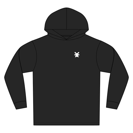 Black Millcrew Lightweight Hoodie with white logo on the left chest, front view