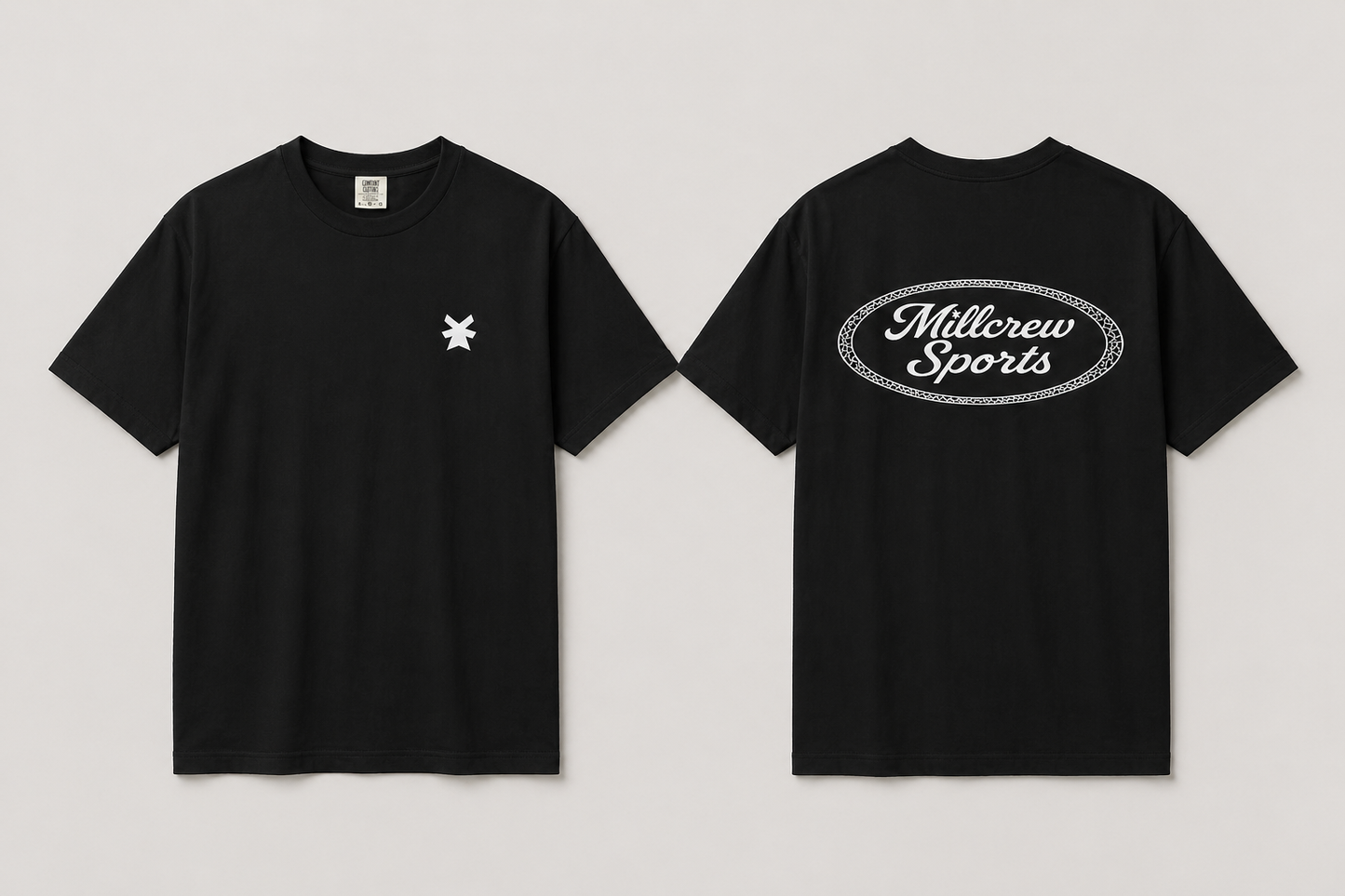 Black t-shirt with a logo on the front and 'Millcrew Sports' on the back, displayed on a light gray background.
